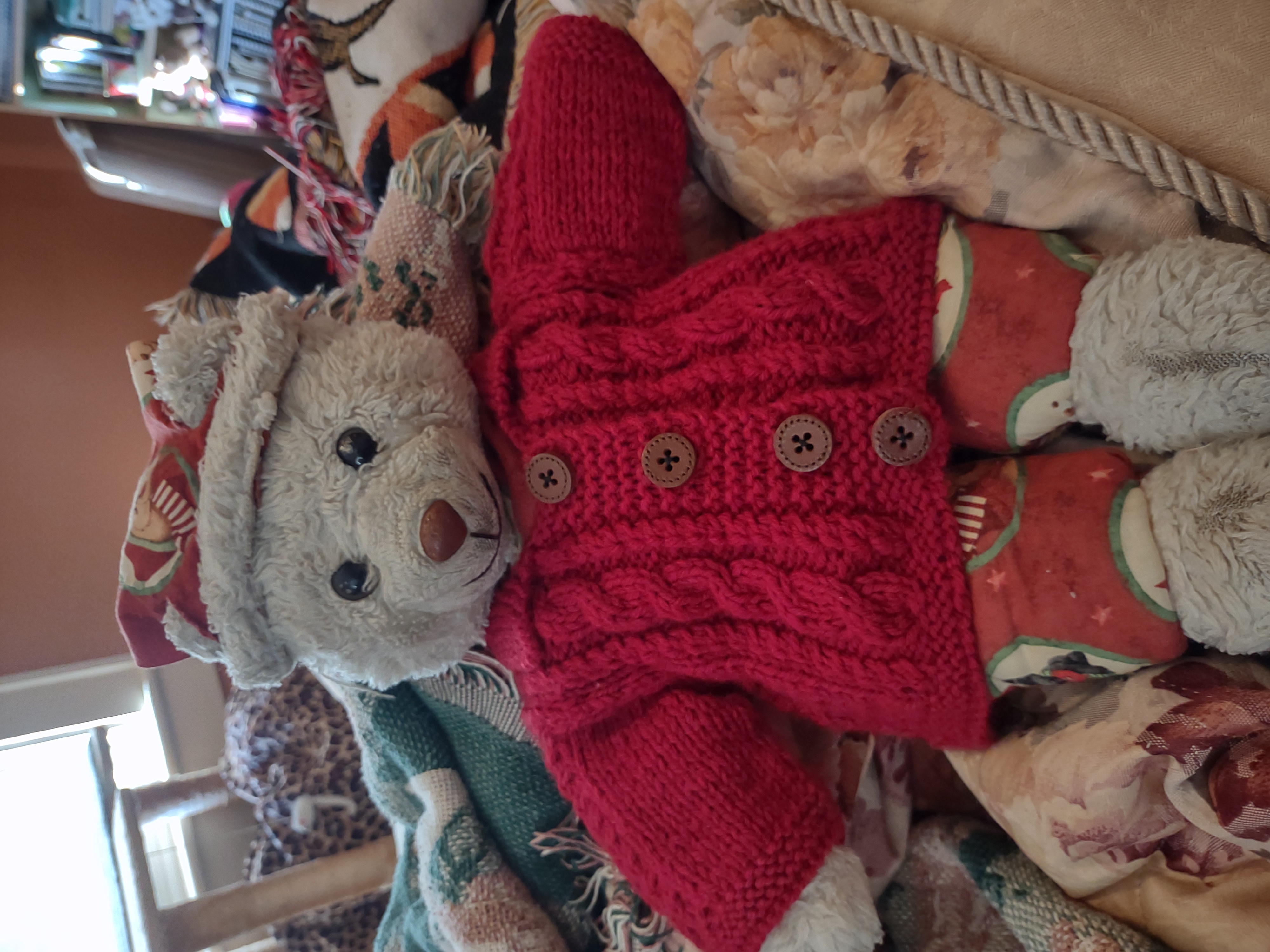 an old teddy bear wearing a red cabled cardigan