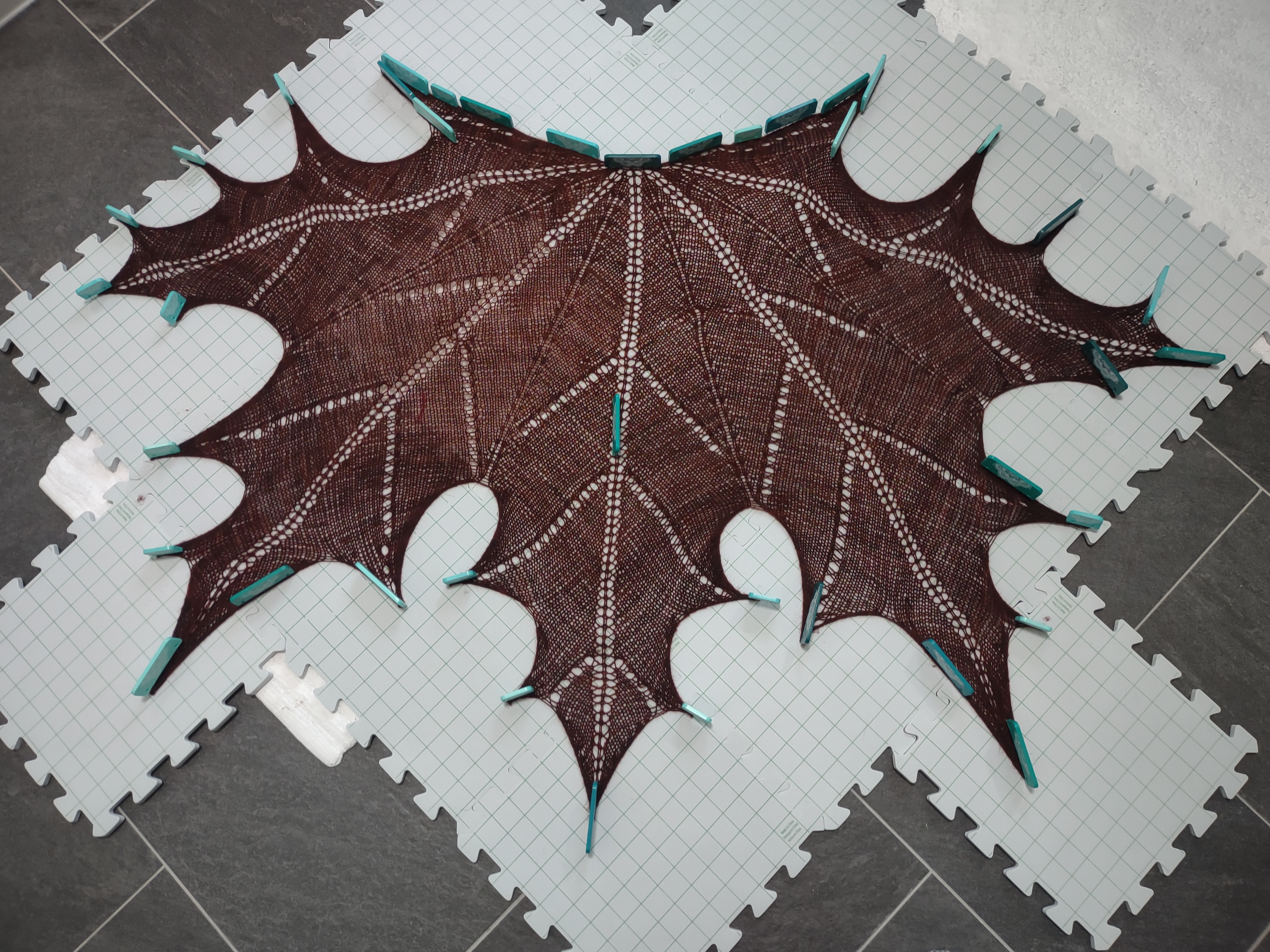 maple leaf shawl, being blocked